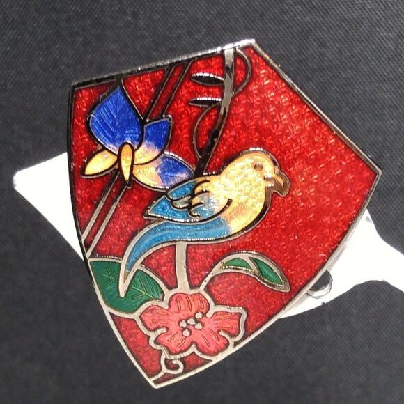 Vintage Cloisonne Bird Shield Shaped Red Clip on Earrings, 1 3/8 Inches - Picture 3 of 11